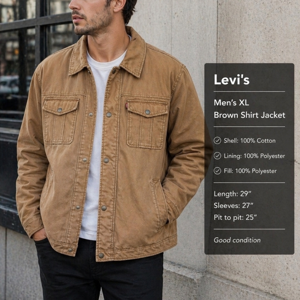Levi’s Men’s XL Brown Shirt Jacket Tan Cotton Snap Front Workwear Coat